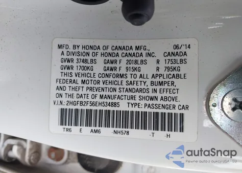 2014 Honda Civic Lx z USA, uszkodzony, nr VIN 2HGFB2F56EH534885